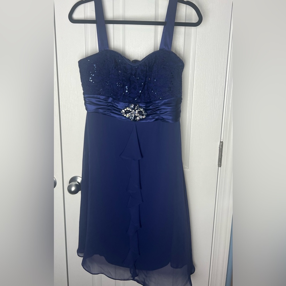 Navy sparkly embroidered lace with small ruffle detail dress